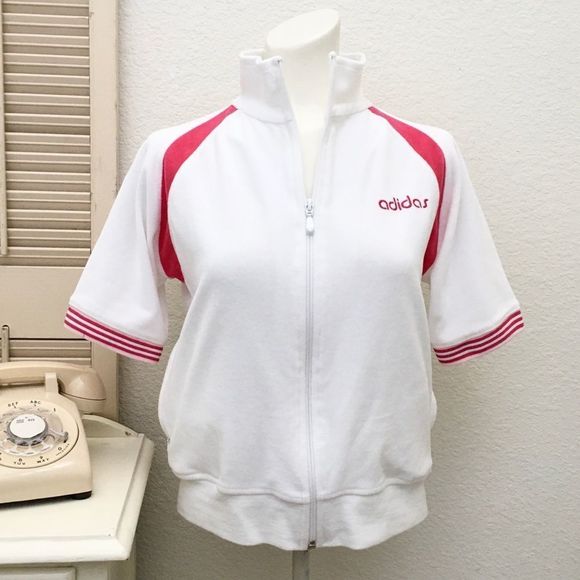 ADIDAS White & Pink Sporty Velour short Sleeve Zip Sweat Jacket, Small - Picture 4 of 8